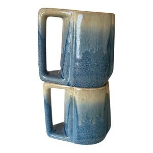 Padilla Blue Cream Drip Glaze Pottery Set Two Mexican Mugs D-Handle Stackable